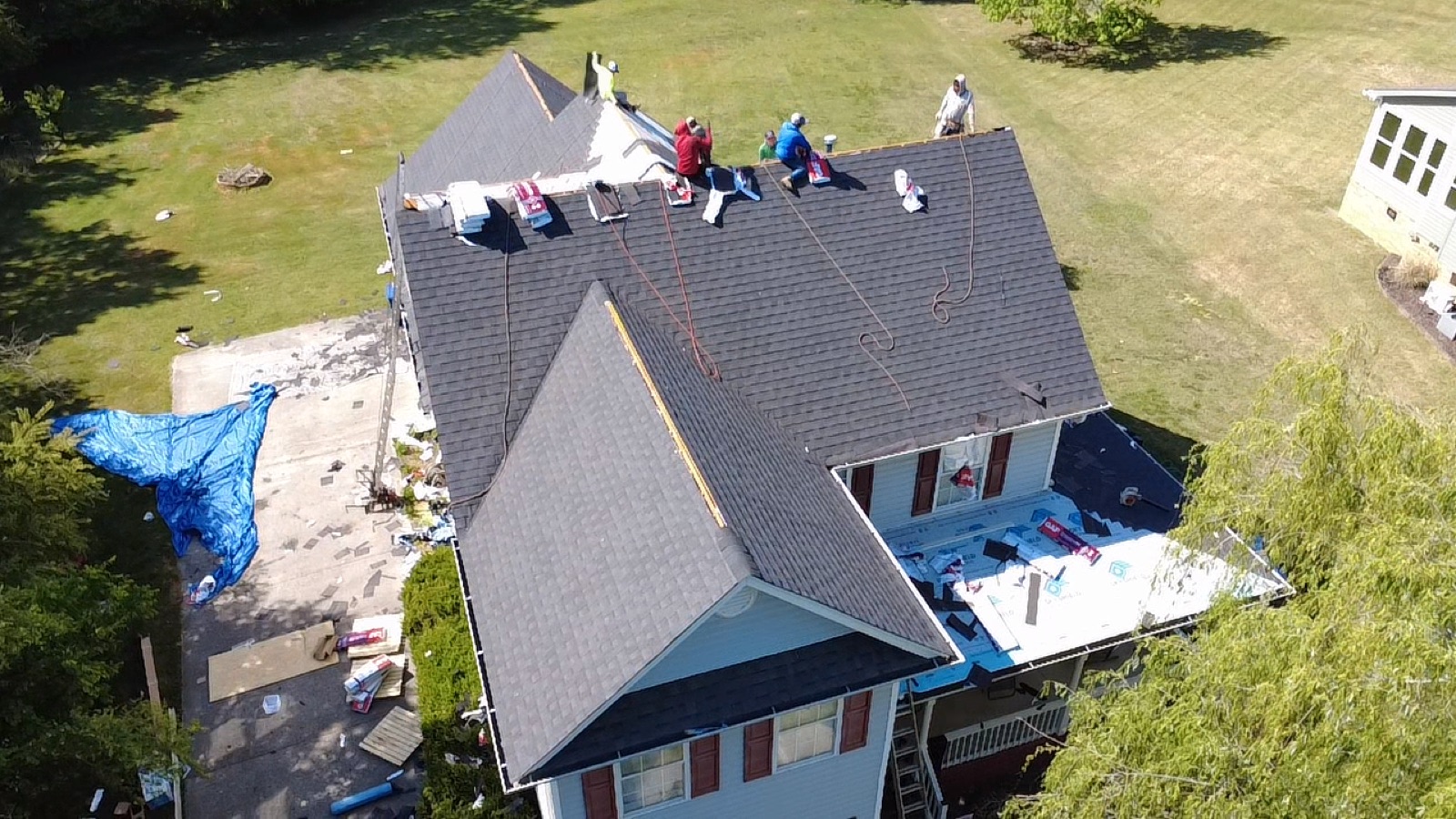 Aerial view of a finished roof replacement in Chattanooga